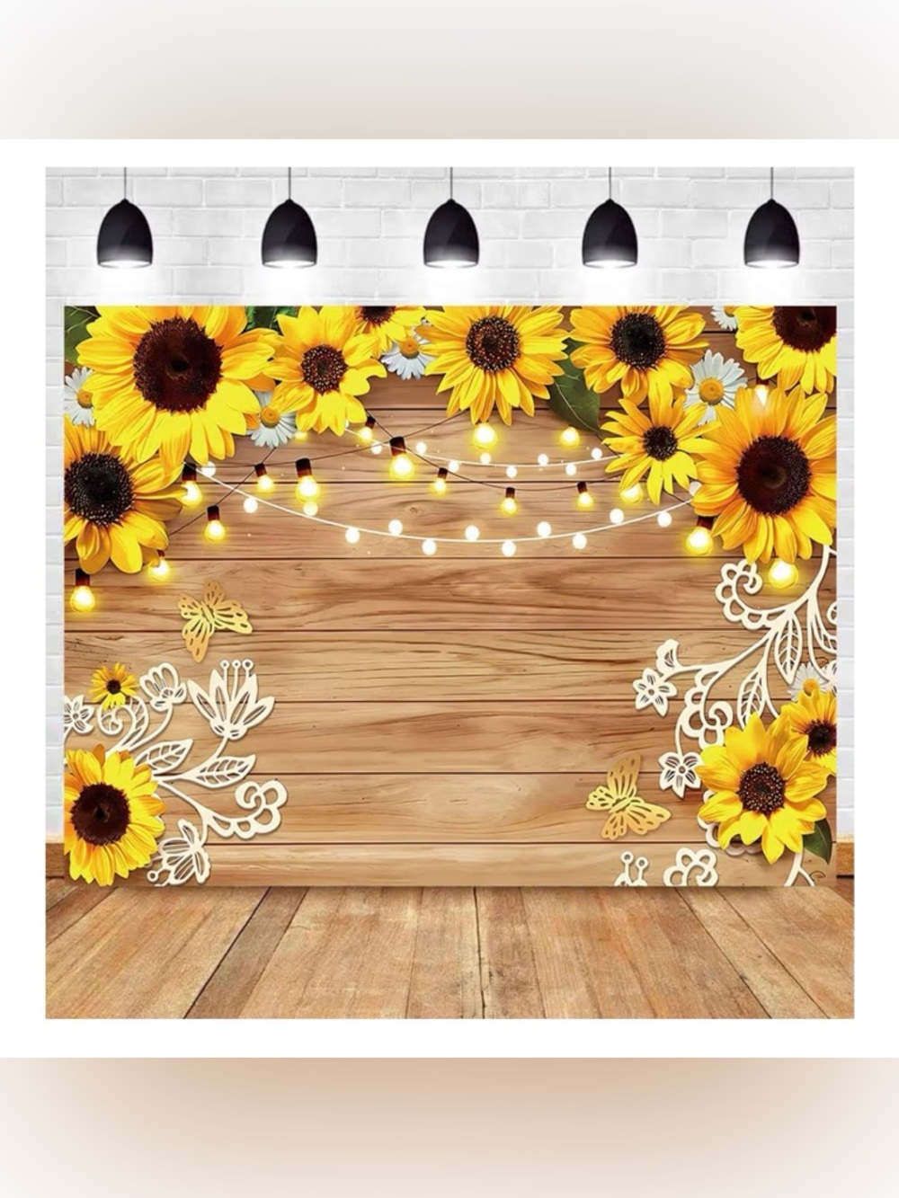 Rustic Sunflower Farmhouse Backdrop, 5 x 7 ,Floral Wooden Lights
